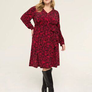 NWT Lane Bryant Red & Black Paisley V-Neck Jersey Dress with Long Sleeves 14/16
